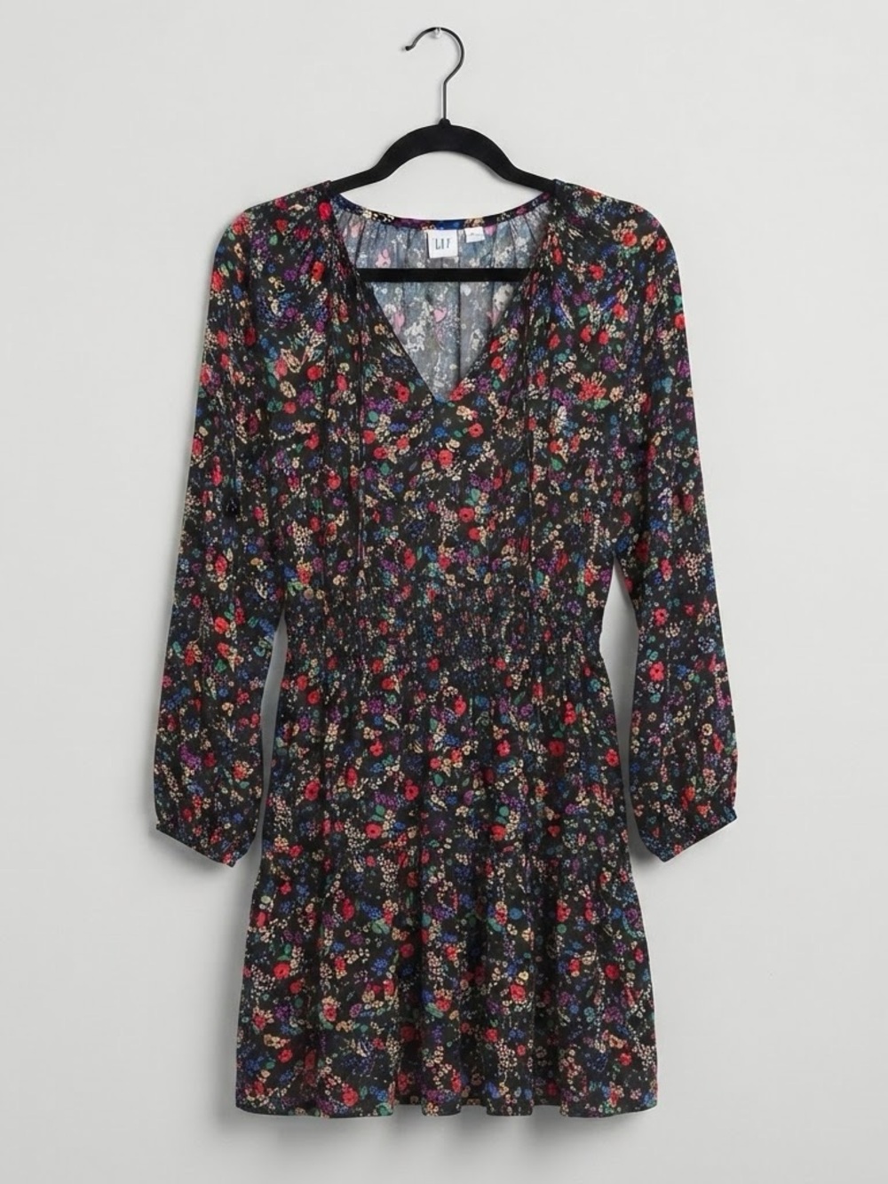GAP Black Floral Long-Sleeve Tiered Dress